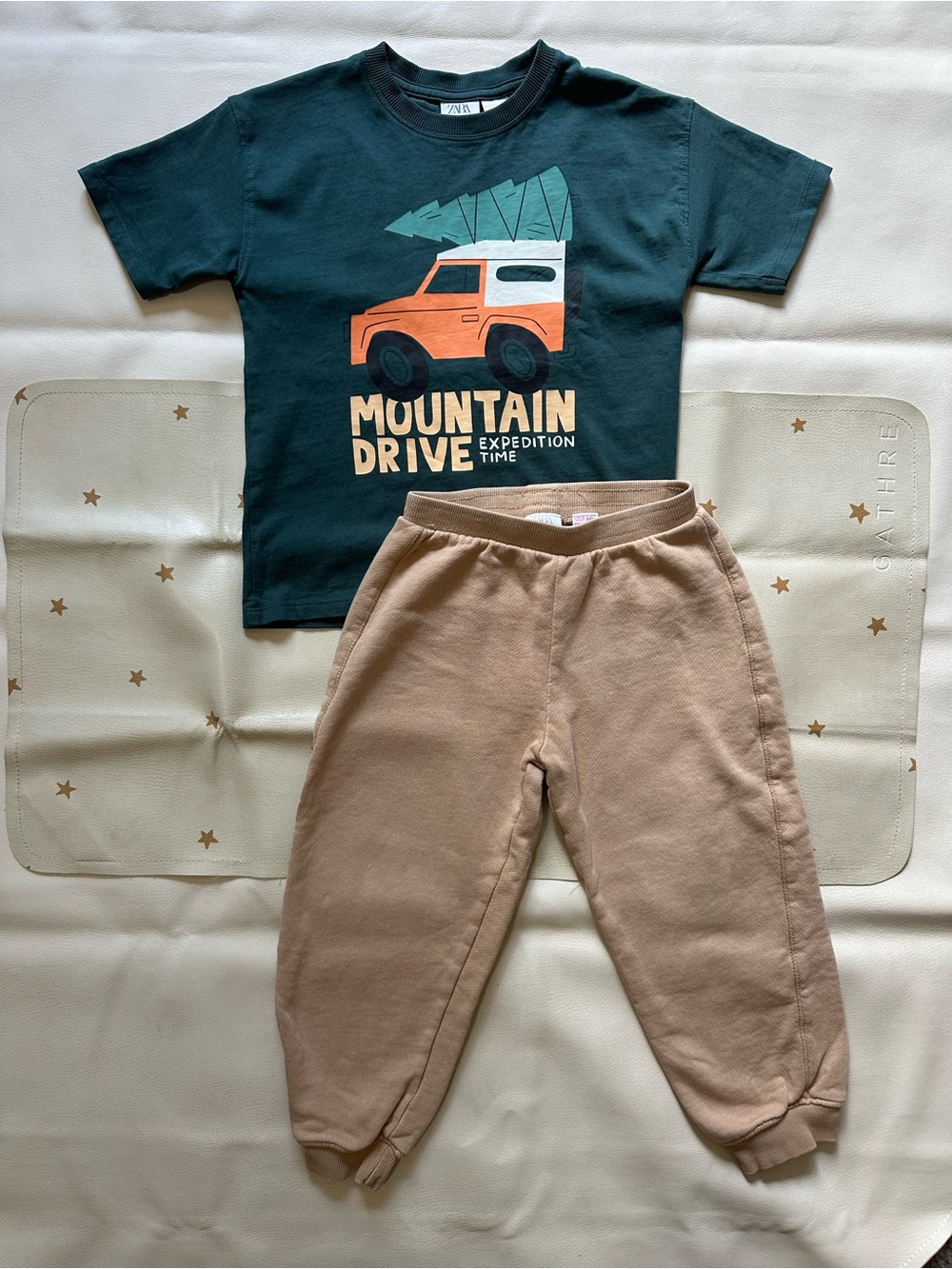 5 Zara Kids Mountain Drive Graphic Tee and Tan Joggers Set